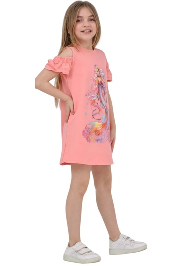 Kız Çocuk Deniz Kızı Desenli Kol Detaylı Yavruağzı Elbise