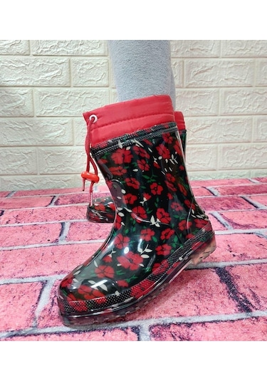 Çağrı Kırmızı Çiçekli Siyah İçi Yünlü Kız Çocuk Konçlu Yağmur Çizmesi 001