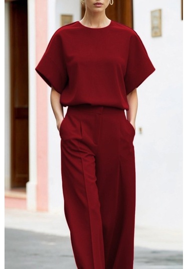 Modasize Kadın Kısa Kollu Bisiklet Yaka Bluz Yüksek Bel Cep Detaylı Pantolon Atlas Ikili Takım Kırmızı Modasize Kadın Kısa Kollu Bisiklet Yaka Bluz Yüksek Bel Cep Detaylı Pantolon Atlas Ikili Takım Kırmızı
