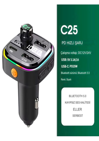 Car-in Bluetooth Wireless 3.1a 2usb Tf Kartlı Type-c Rgb Işıklı A