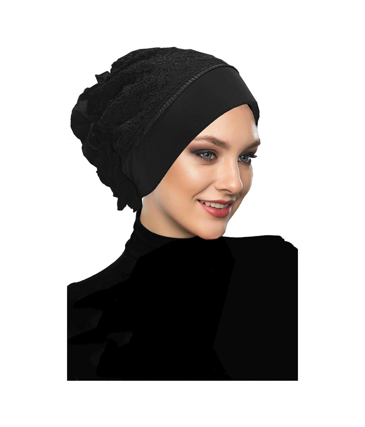 Kordoneli Arkası Fırfırlı Önü Plise Biyeli Siyah Hazır Türban Tesettür Bone Siyah