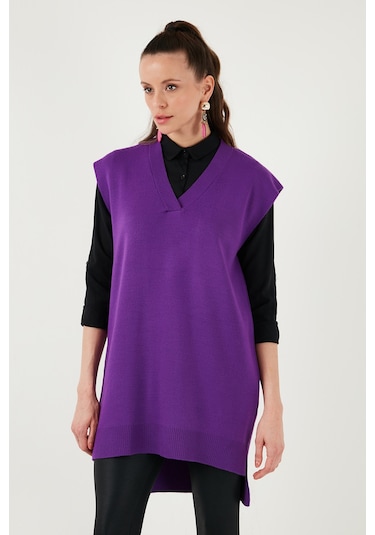 Lela V Yaka Arkası Uzun Triko Bayan Süveter 4616082Y Mor