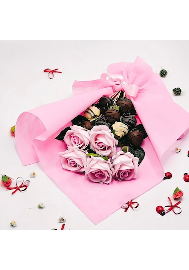 Nin Chocolate Sevgiliye Pembe Çiçek Çikolata Demeti