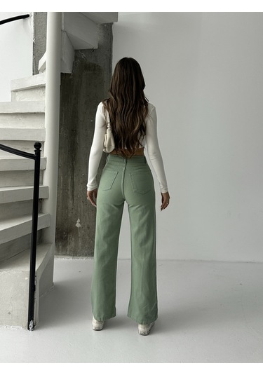 Kadın Yüksek Bel Keten Boyfriend Bol Paça Yeşil