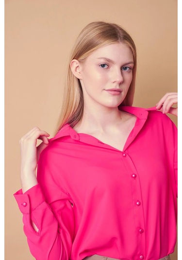 Kadın Yakalı Düşük Omuzlu Uzun Kol Likrasız Kumaş Gömlek-Fujya Fujya