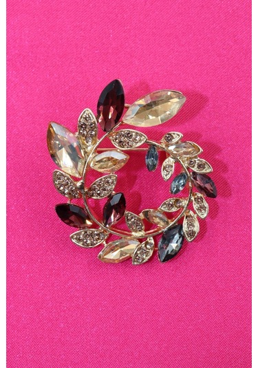 Zeytin Dalı Çelenk Broş. Gold Pırlanta Taşlı Zeytin Dallı Yaka İğnesi Çiçek Broş, Erkek Kadın Broş Gold