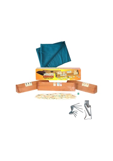 Okey Takımı Set - Kervan Ahşap Ağaç Okey + Masa Örtüsü + Kıskaç