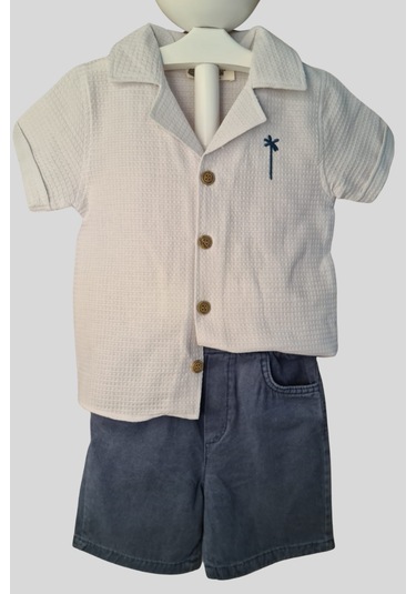 2'li Erkek Çocuk Krem Gömlek Mavi Sortlu Takım-1359 Krem