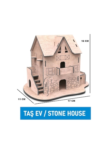 Ahşap Taş Ev Maket Boyama Seti, 6'lı Boya Ve Fırça Dahil