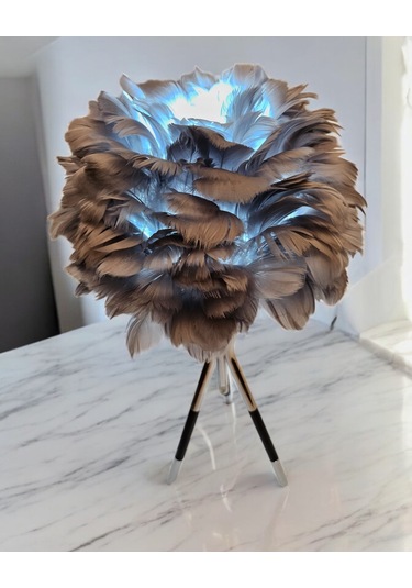 Tüylü Dekoratif Tripotlu 3'lü Ayaklı Abajur - Gri Gri