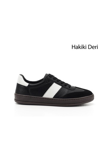 Gönderi R Siyaha Beyaz Bağcıklı Hakiki Deri Sneaker Antrasit - Beyaz