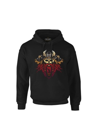 Viking Skull And His Axes Siyah Erkek Fermuarsız Kapşonlu 001