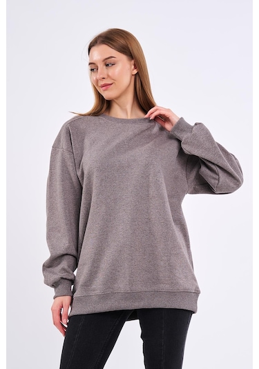 Comeor Kahve Kadın Pamuklu Oversize Basic Bisiklet Yaka Sweatshirt 001