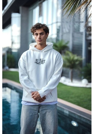 Üç İplik Penye Kapşonlu Baskılı Sweatshirt - Beyaz Anrasit