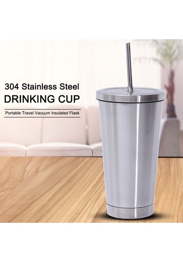 Samdoo 500ml 304 Çelik Termos Bardak, İçecek Su Için, Portatif, Pipetli Kapağıyla, Gümüş Renkli, Ofis Hediyesi