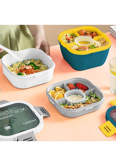 Qingmipy 4 Bölmeli Çift Katmanlı Salata Saklama Kabı, Soslu Seyahat Ve Okul İçin Pratik Yemek Taşıma Çözümü Mavi