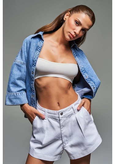 Itsbasic Kadın Beyaz Renk 5s5-2 Mini Boy Pileli %100 Koton Denim Şort