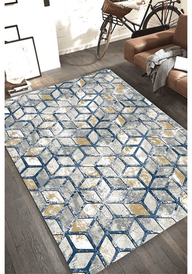 Vitra Mavi Yıkanabilir Kaymaz Taban Desenli Halı Renkli