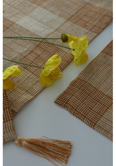 Yakacihome Juta Tarçın 5 Parça 4 Parça Amerikan Servis & 1 Parça Püsküllü Runner Jüt Kumaş Sofra Seti Tarçın