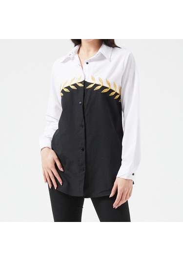 Kadın Siyah-beyaz Yaprak Nakışlı Gömlek Beyaz