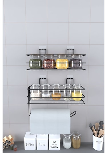 Eva Metal Tasarim Yapışkanlı Baharatlık 2 Li Metal Kağıt Havluluk Siyah Baharat Standı Mutfak Rafı Siyah