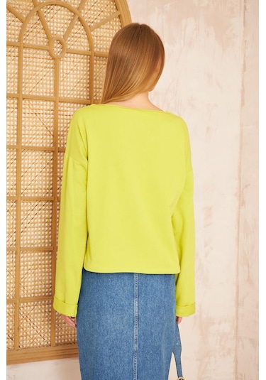 Kadın Ekstra Uzun Duble Kol / Yakası Yırtmaçlı Salaş Sweatshirt Bluz 3470190 Yağ Yeşili