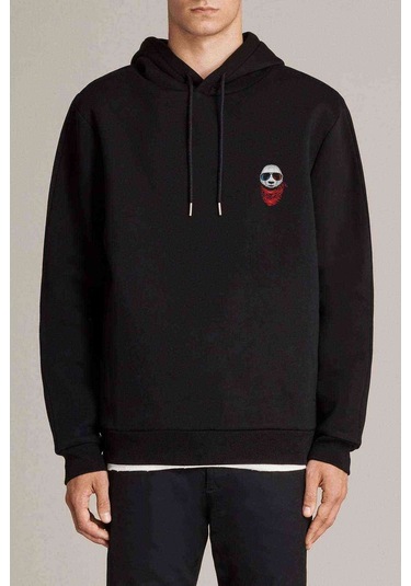 Panda 3D Gözlüklü Baskılı Siyah Erkek Örme Kapşonlu Sweatshirt