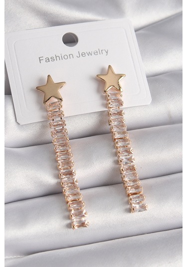 Pirinç Gold Renk Yıldız Model Su Yolu Zirkon Taşlı Kadın Küpe - Tj-bkp9626