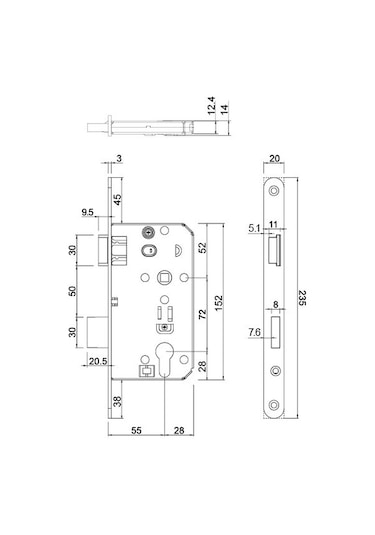Hafele Gömme Kilit Barelli Tipi 55/18mm. Sağ Yönlü Mat Siyah Renk