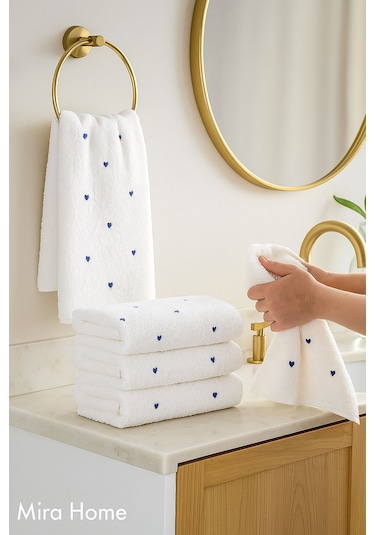 4 Lü Kalp Nakış İşlemeli El Yüz Havlu Seti %100 Pamuklu 50x90 Cm Hand Of Love Mavi