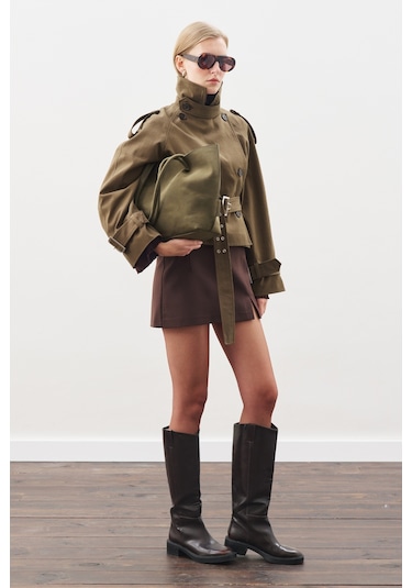 Kemerli Kısa Trençkot Haki Haki