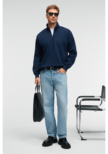 BAXTER Erkek Dik Yakalı Fermuarlı Relaxed Lacivert Sweatshirt