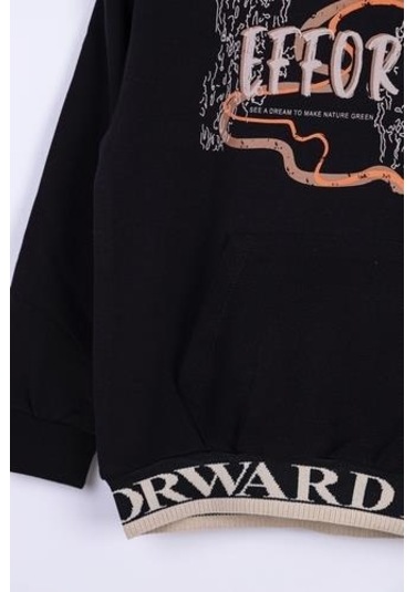 Erkek Çocuk Kapüşonlu Kanguru Cepli Effort Baskılı Sweatshirt-13016-siyah