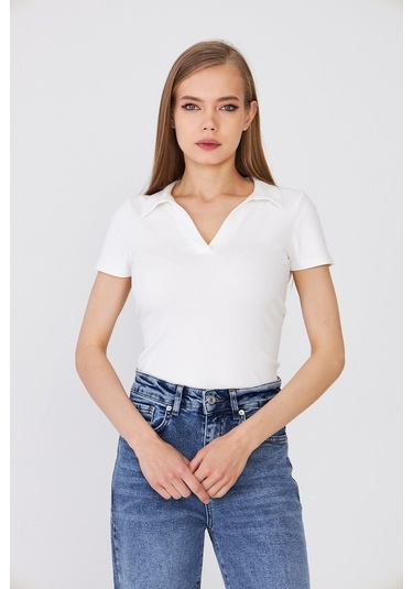 Hdm Kadın Ekru Polo Yaka Fitilli Günlük Bluz - H6038