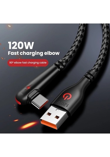 Tongxida 120w Usb Tip-c Kablo, 90 Derece Dirsek, Huawei Mate Hızlı Şarj, 1.5m, Siyah
