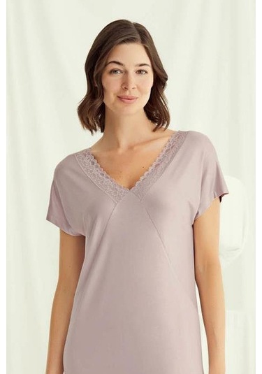 Monamise 18504 Kadın V Yaka Kısa Kollu Gecelik-vizon Vizon