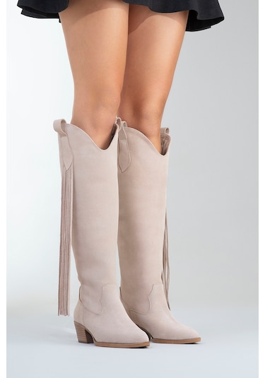 Rios Bej Hakiki Deri Süet Püsküllü Kadın Kalın Topuklu Çizme Bej Süet