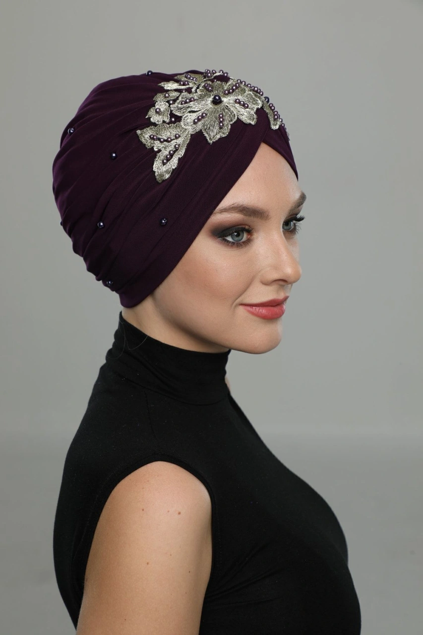 Kopma Astarlı Işlemeli Mor Sırma Motifli Hazır Türban Tesettür Abiye Bone Mor Sırma