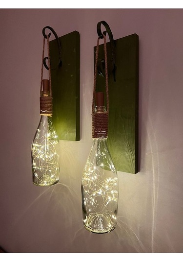 Tıpa Peri Led Işıklı Koyu Yeşil Ahşap Cam Şampanya Şişesi Duvar A Çok Renkli