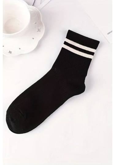 Trampler Unisex 5'li Kolej Çemberli Çorap Siyah Tenis Çorap Siyah - Beyaz