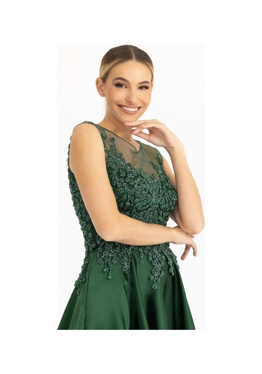 Hint Aksesuarlı Saten Görünümlü Abiye-koyu Yeşil Koyu Yeşil