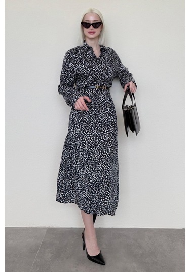 Madmext Siyah Uzun Kollu Düğmeli Desenli Elbise Mg2431 Siyah