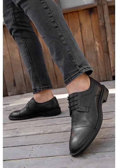 D00226 Günlük Ortopedik Hakiki Deri Erkek Klasik Ayakkabı Siyah