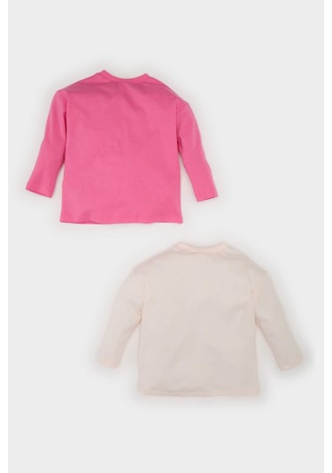 DeFacto Kız Bebek Yenidoğan Bisiklet Yaka Dinazor Baskılı Penye 2'li Uzun Kollu Tişört E6362A525SPPN324 Pembe