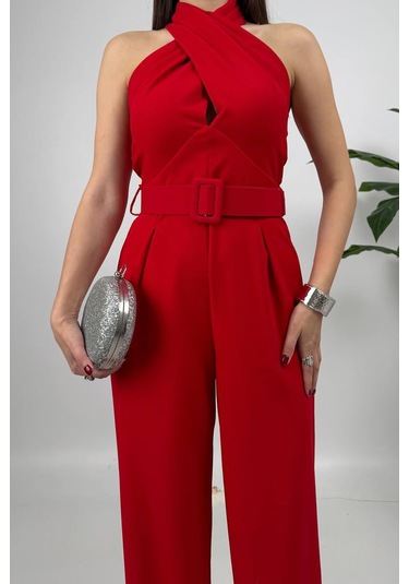 Amber Kadın Kemer Detaylı Askılı Bol Paça Kırmızı Tulum Rahat Şık Yazlık Kombin Kırmızı