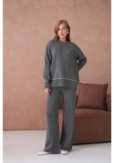 Kadın Bisiklet Yak Adüşük Kol Kazak Fitilli Pantolon İkili Triko Takım Antrasit
