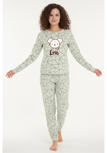 Luxury Thermal Love Desenli Kadın Polar Kışlık Pijama Takımı 42013 Turkuaz