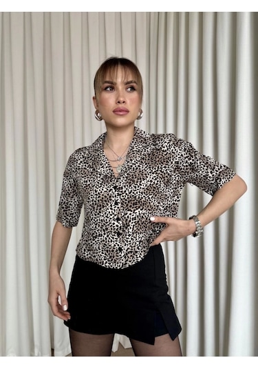 Kazax Leopar Desenli Crop Gömlek Kahve