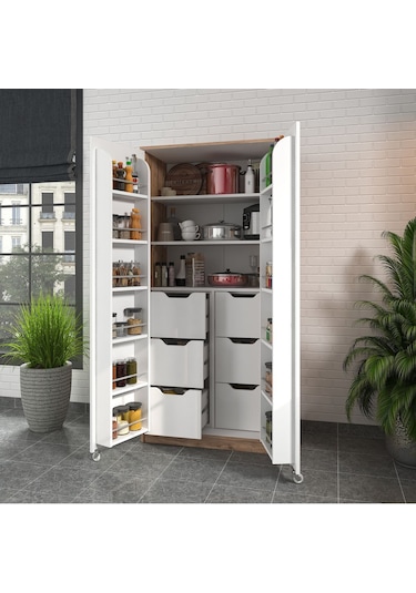 90 Derece Açılabilir 2 Kapaklı, 6 Çekmeceli, Kavanoz Raflı Kiler Ve Erzak Mutfak Dolabı Atlantik Çam Beyaz 90 Derece Açılabilir 2 Kapaklı, 6 Çekmeceli, Kavanoz Raflı Kiler Ve Erzak Mutfak Dolabı Atlantik Çam Beyaz