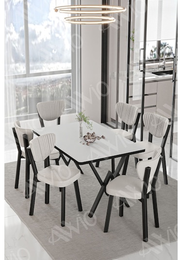 Avvio Dora Elma Sandalye 80x140 Yemek Masası Mutfak Masası 6 Kişilik Masa Sandalye Takım Beyaz